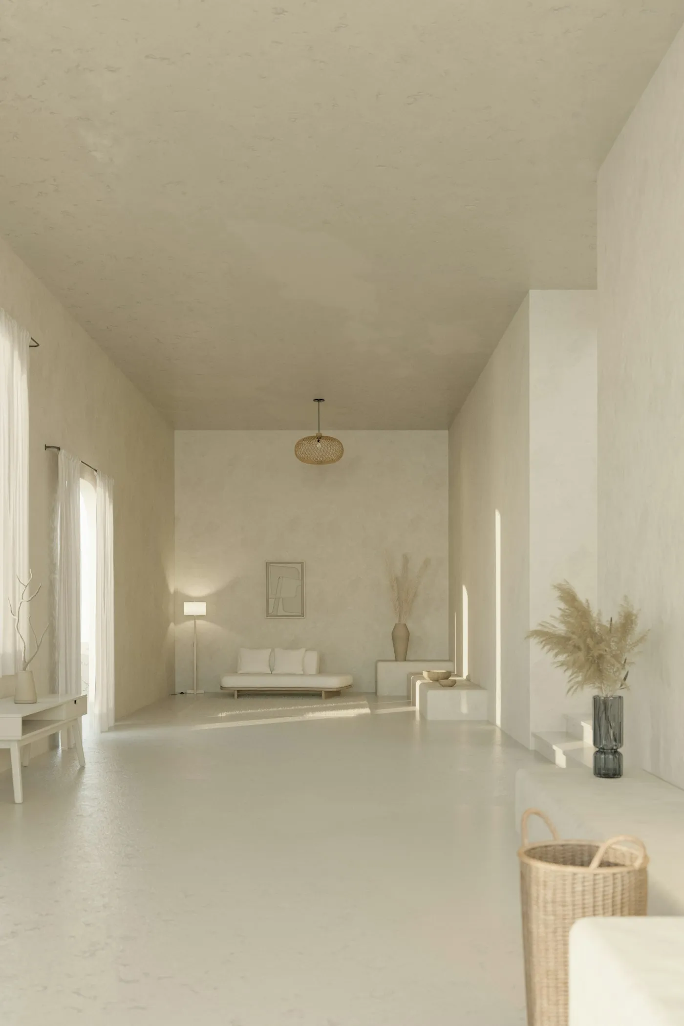 Sala ampla em tons de branco, com pendente de palha e vaso de capim seco