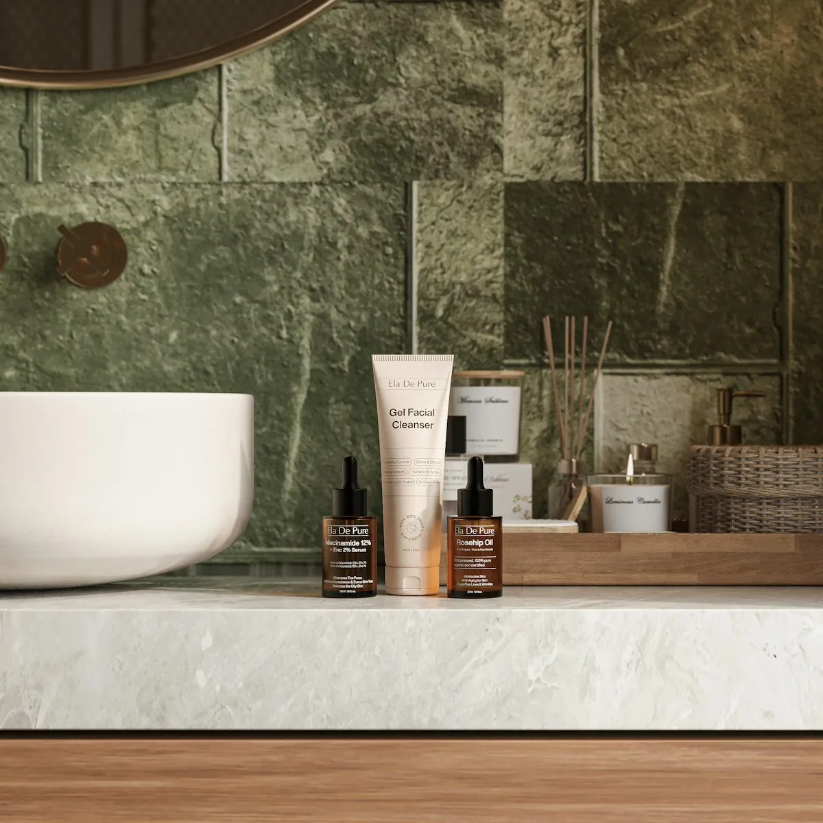 Frascos de skincare e difusor de aroma alinhados sobre bancada de pedra clara